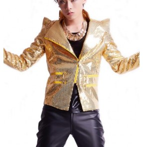 Gold sequins long sleeves shrug shoulder men's male fashion competition performance professional singer bar dj ds jazz punk rock hip hop stage performance dance blazers jacket 